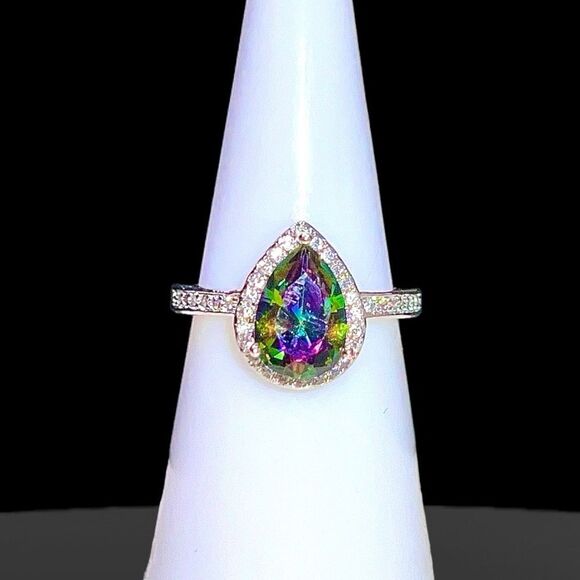 New Exclusively Fancy Mystic Rainbow Teardrop Cut .925 Sterling Silver Ring w CZ - Picture 8 of 10